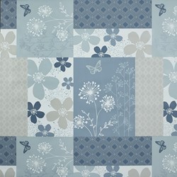 PVC Tafelzeil blauw en grijs met bloemen en vlinders