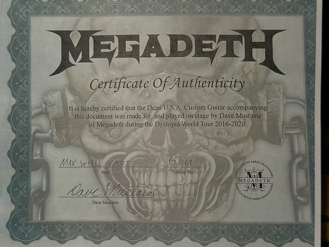 Dean USA Dave Mustaine Owned Tour Guitar Signed with Pics & COA - Thumbnail 3
