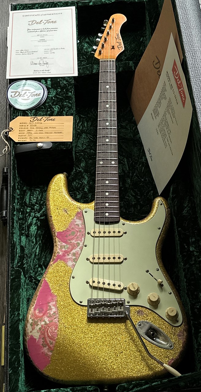 Del-Tone 60's S Gold Sparkle over Pink Paisley Heavy Aged with COA & Case - Image 1